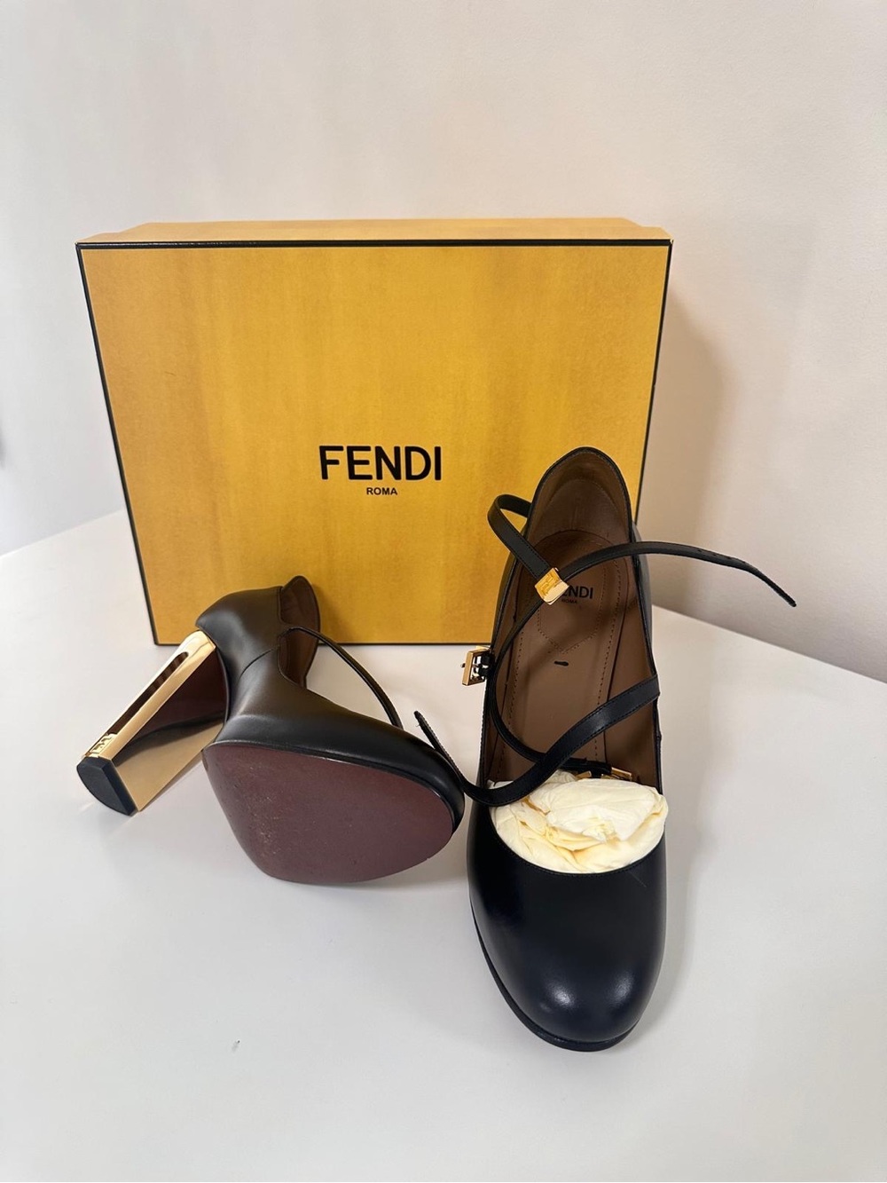 Fendi Black Leather Mary Jane Pumps with Gold Block Heel Accent